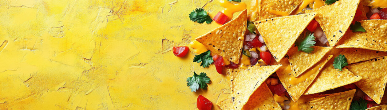 Crispy nachos with melted cheese, tomatoes, and cilantro on vibrant yellow background
