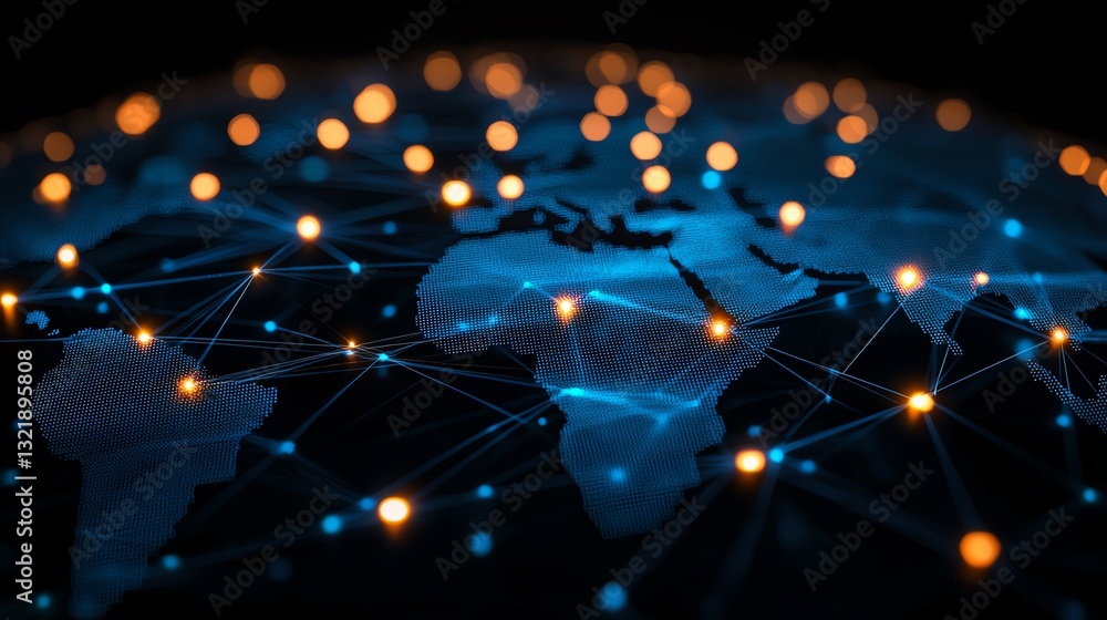 Poster a dynamic representation of the world, showcasing interconnectedness through illuminated nodes and l
