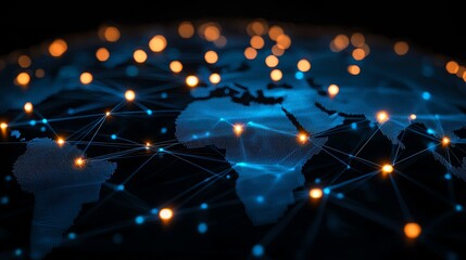 A dynamic representation of the world, showcasing interconnectedness through illuminated nodes and lines, representing data flow and digital networking across the globe.