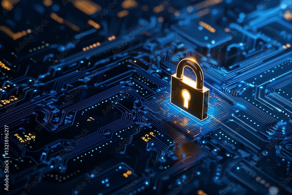 Poster a close-up view of a digital lock symbolizing security on a complex circuit board with illuminated b