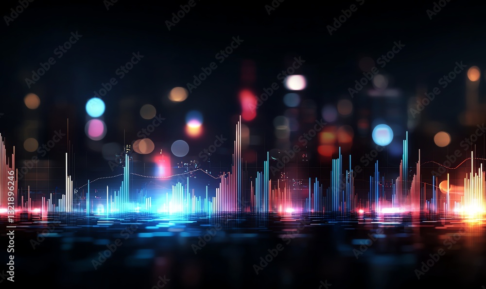 Poster an abstract representation of sound waves in vibrant colors, showcasing the dynamics of audio freque