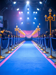 A blue carpet film premiere, and lights in the background, , Golden Stanchions, Spotlight, blue tone.