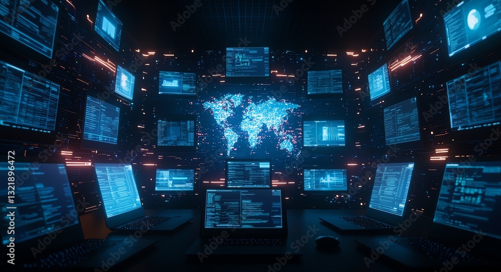 Aufkleber a high-tech control room filled with computer screens displaying global data and analytics. the futu