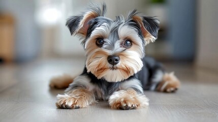 Cute Yorkshire Terrier Puppy Relaxing on Floor with Playful Expression in Bright Indoor Setting