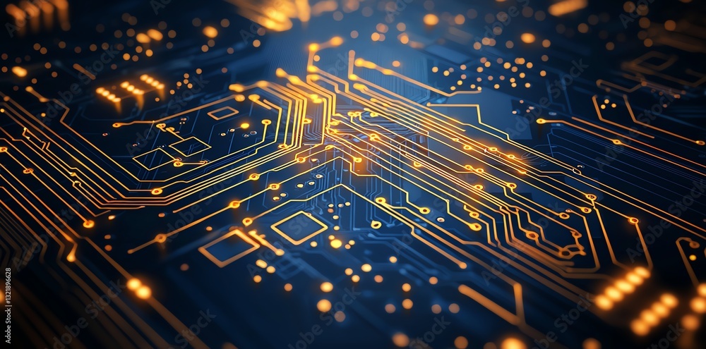 Poster a close-up view of a futuristic circuit board with glowing lines and intricate patterns. the vibrant