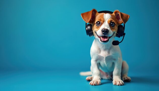 Adorable puppy wears headset against blue background for call center concept. Cute dog like worker at workplace, support service, communication. Funny pet with earphones, microphone. Playful animal