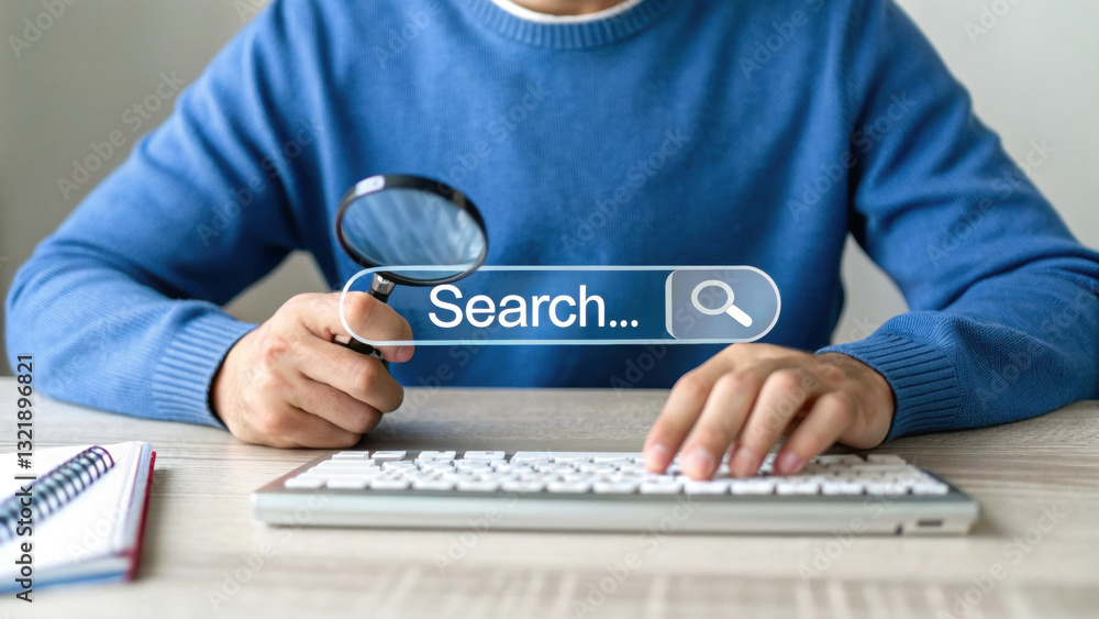 Poster online search and discovery: a person's hands working on the keyboard with magnifying glass. looking