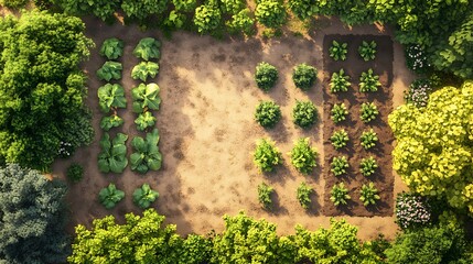 Aerial View of a Sunlit Garden with Lush Green Plants and Brown Soil