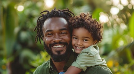 A heartwarming portrait of a father embracing his son in a natural setting