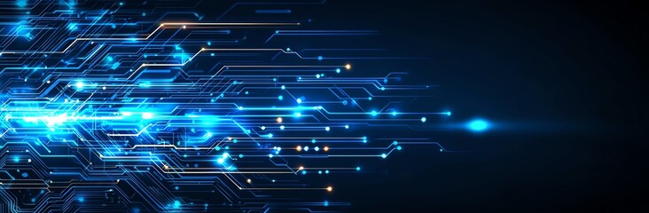 Obraz premium A vibrant abstract image showcasing glowing blue lights with intricate circuitry patterns, illustrating the concepts of speed and innovation in modern technology advancements.