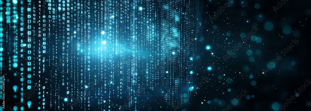 Poster a mesmerizing digital abstract visual featuring luminous blue particles and binary codes, representi