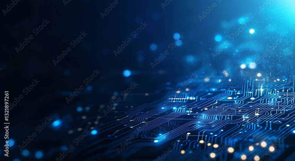 Poster a mesmerizing close-up view of a circuit board illuminated by soft blue lights, highlighting the int
