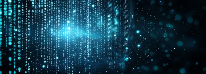 A mesmerizing digital abstract visual featuring luminous blue particles and binary codes, representing the fusion of technology and innovation in the digital age.