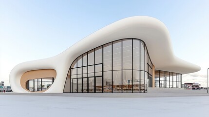 Obraz premium Modern White Building with Organic Design and Snow Covered Ground