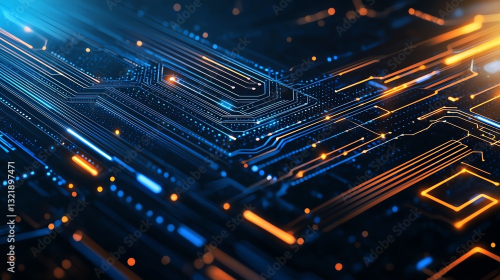Poster a close-up view of a modern circuit board with vibrant blue and orange lights. the intricate pattern