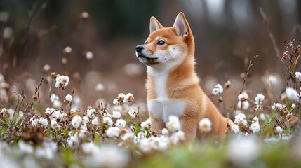 Cute Shiba Inu Puppy Sitting in Field of Cotton Flowers with Soft Focus Background and Natural Light