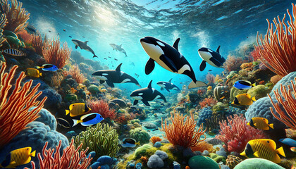 Fototapeta premium Orca whales are looking for food in the sea with beautiful coral reefs and lots of small fish