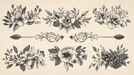 Flower ornament dividers. Hand drawn vines decoration, floral ornamental divider and sketch leaves ornaments. Ink flourish and arrow decorations dividers victorian doodles isolated vector icons set