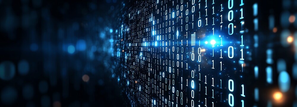 A futuristic representation of binary code, illustrating digital data flowing seamlessly through a neon-blue environment. Perfect for technology-themed projects and presentations.
