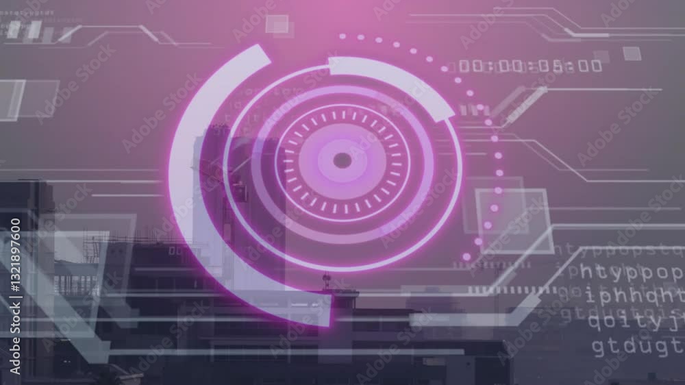 Poster animation of futuristic digital interface with circular patterns over cityscape
