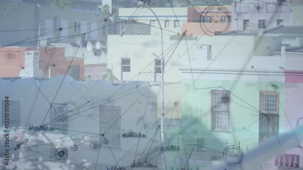 Poster network of connections and data processing animation over colorful urban buildings