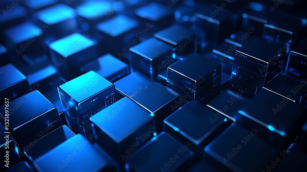 Poster a close-up view of interconnected blue cubes, showcasing a modern digital structure that represents 