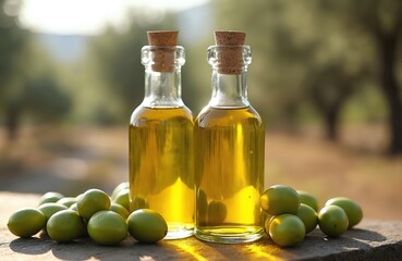 Two glass bottles filled with olive oil and cork stoppers sit on wooden surface surrounded by green olives. Healthy Mediterranean diet concept, rich in antioxidants, used for cooking.