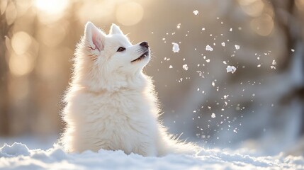 Obraz premium Playful Samoyed Dog Enjoying Snowfall in Winter Wonderland with Soft Light and Sparkling Snowflakes
