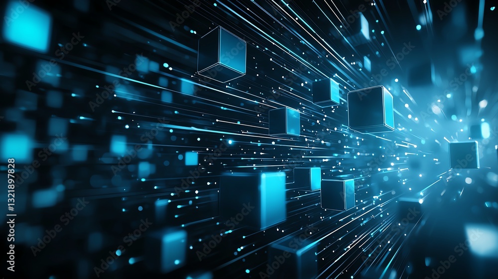 Poster a dynamic visual of blue cubes creating a sense of movement and depth, representing digital innovati