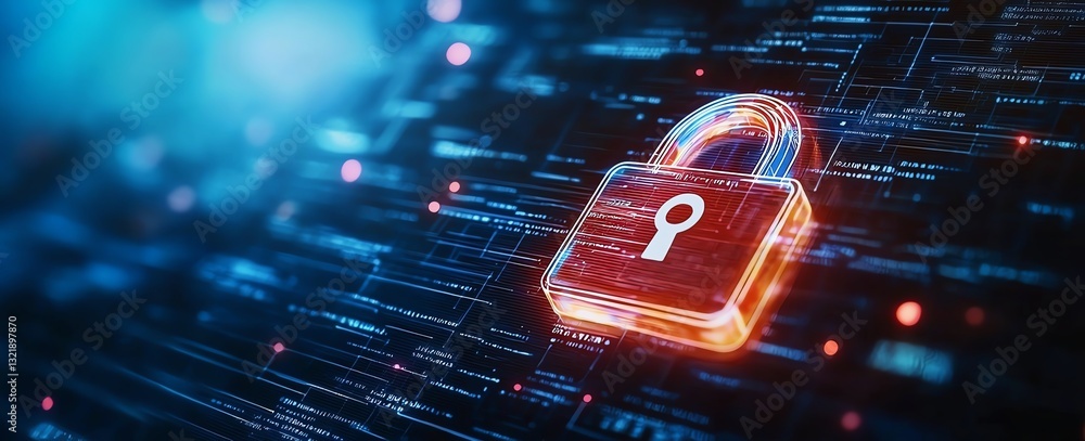 Poster a vibrant illustration of a digital padlock on a background of interconnected data streams, symboliz