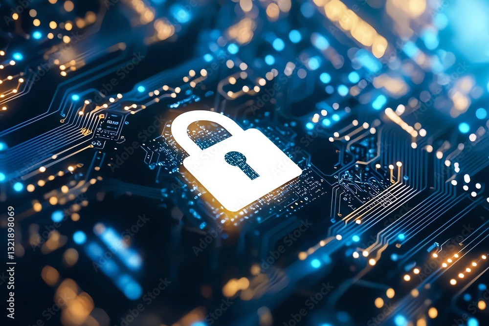 Poster a close-up image of a digital padlock over a glowing circuit board, symbolizing data security and cy