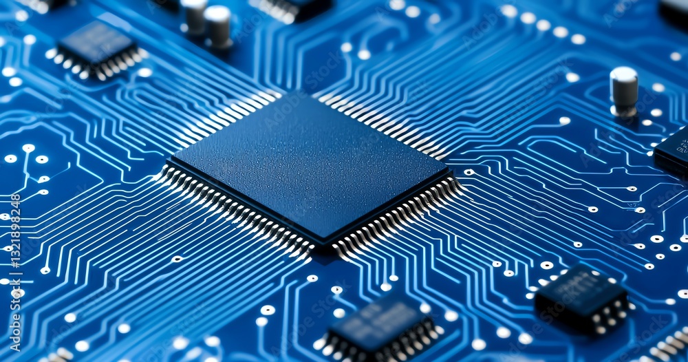 Poster close-up view of a microchip on a circuit board showcasing intricate blue circuitry. ideal for illus