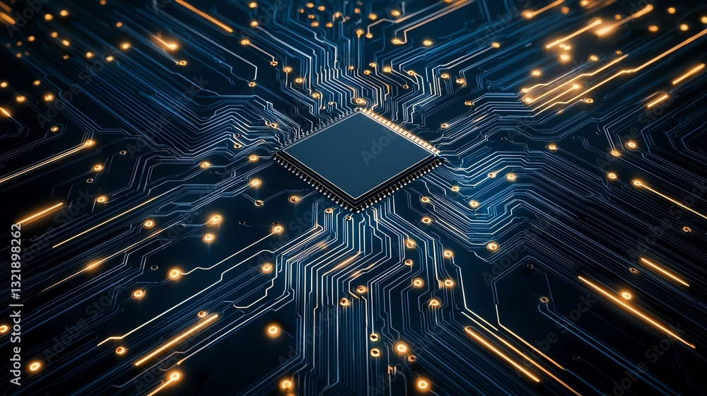 Poster a close-up view of a computer chip surrounded by intricate circuitry and glowing lights, representin