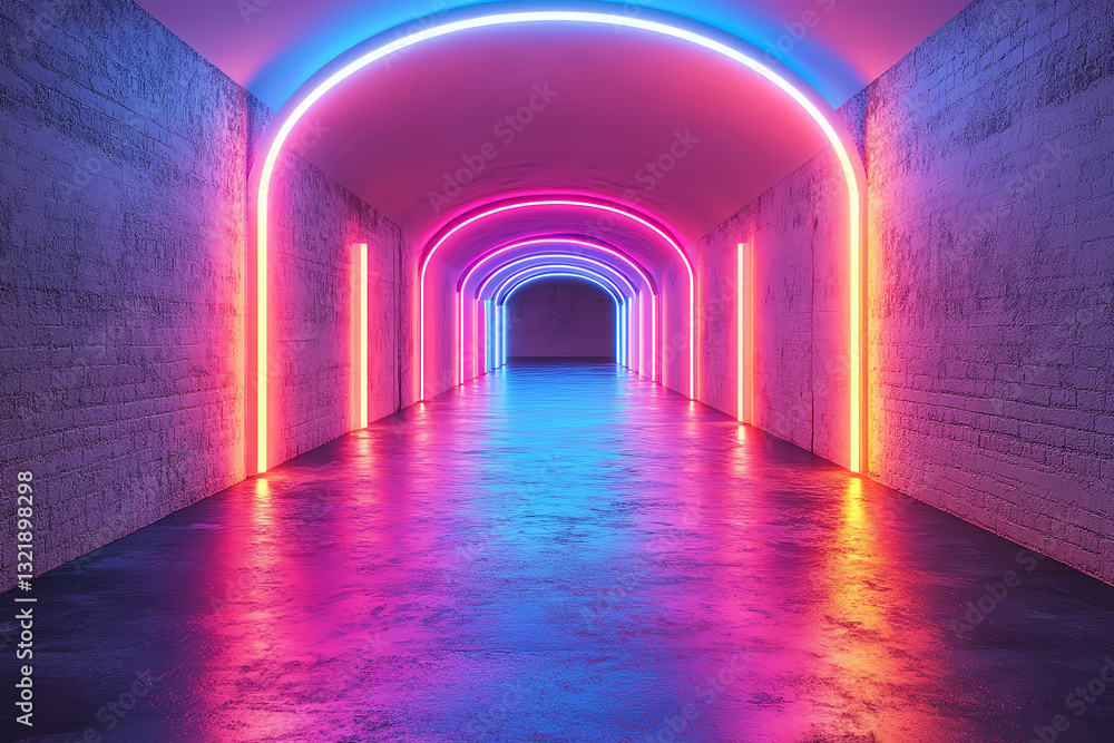 Fototapete a vibrant neon-lit tunnel showcasing modern architectural design with colorful illuminations on wall