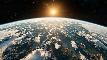 Obraz premium Stunning Sunrise Over Earth with Clouds and Ocean View from Space, Dramatic Lighting and Cosmic Beauty