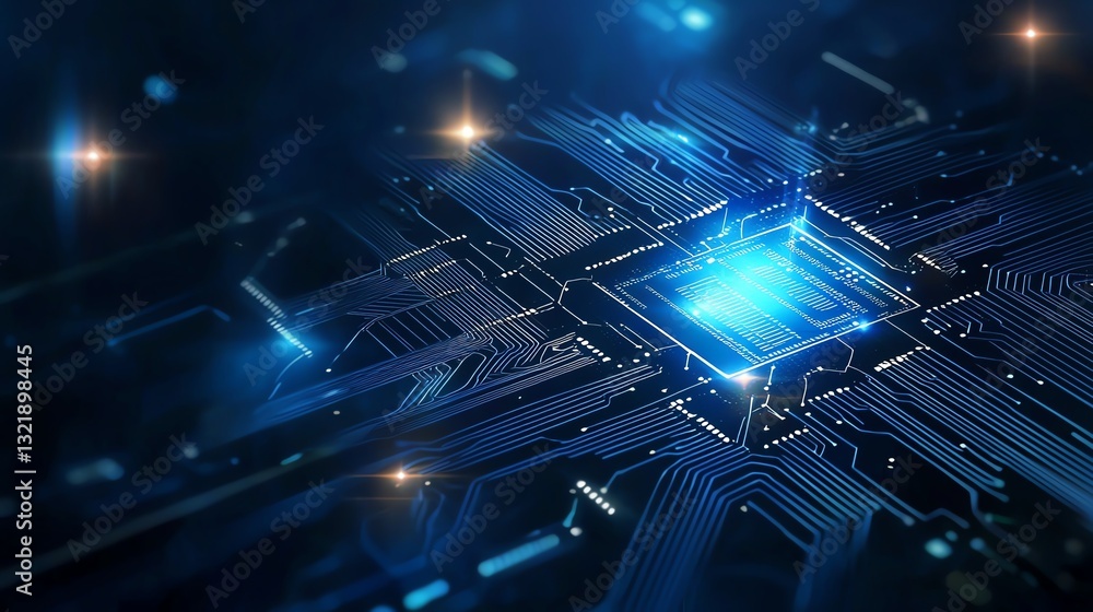 Poster futuristic digital circuit board showcasing intricate lines and glowing elements. ideal for represen