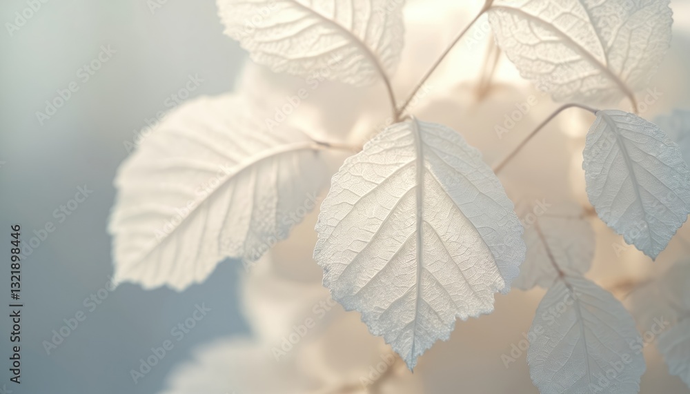 Aufkleber Close-up of delicate white leaves with intricate veins pattern. Fragile leaf texture shows natural veins. Monochrome botanical design for organic product ads, calm serene nature, simple elegant