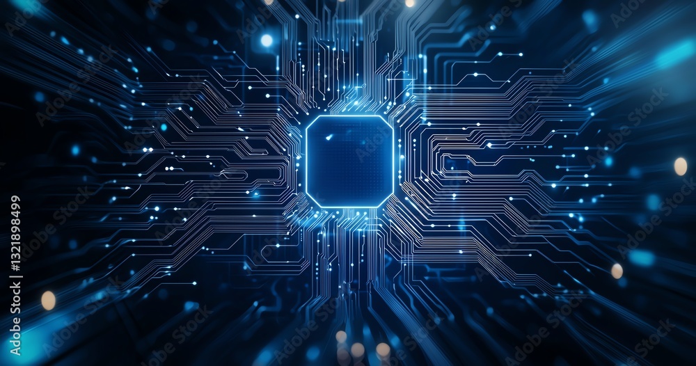 Poster a close-up view of a computer chip surrounded by intricate blue circuitry