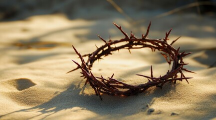 Fototapeta premium Crown of Thorns Resting on Sand Representing Religious Sacrifice Concept