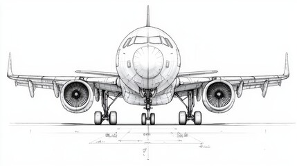 Detailed Black And White Sketch Of A Passenger Airplane On A Runway