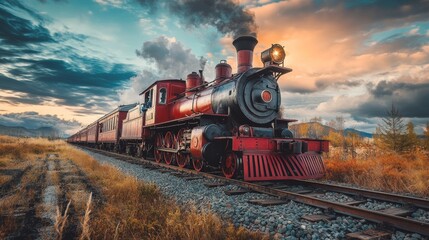 Fototapeta premium Red vintage retro classic historic locomotive train on railway railroad, Transportation and travel steel track line, industry, perspective, journey, Full HD, 32k Resolution 