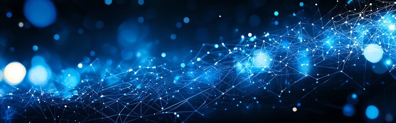 Fototapeta premium A mesmerizing abstract background featuring glowing blue particles and interconnected lines, representing data flow and digital innovation in a high-tech environment.