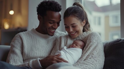 Obraz premium Loving embrace of parents gazing tenderly at their newborn baby indoors
