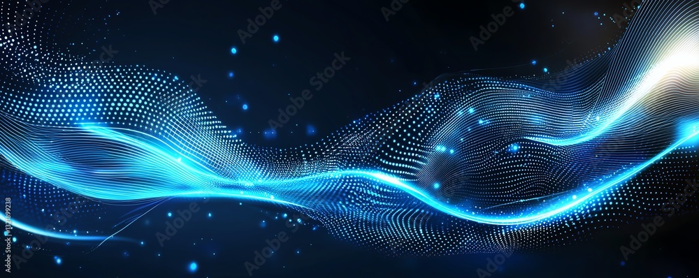 Poster dynamic blue abstract waves with glowing particles, representing futuristic technology and digital i