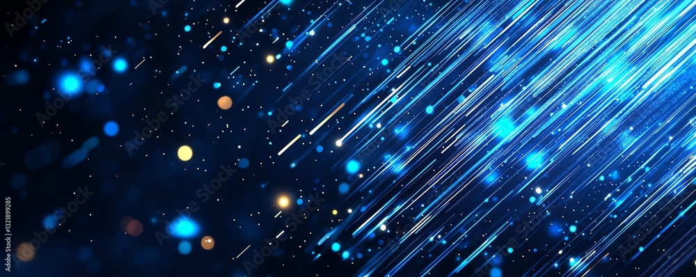 Poster an abstract image featuring vibrant blue streaks of light against a dark background, creating a sens
