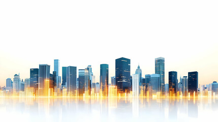 Obraz premium Panoramic Cityscape At Night With Illuminated Skyscrapers Reflecting In Water Against A White Background