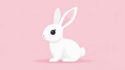 Fototapeta premium Adorable white cartoon rabbit with large expressive eyes in a soft pastel minimalistic design on pink background