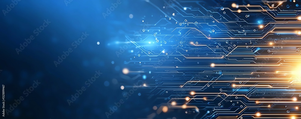 Poster a dynamic abstract representation of technology with glowing lines and circuits on a dark background