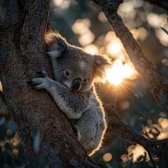 Fototapeta premium Cuddly Koala Clinging to Eucalyptus Tree in Magical Sunset Glow