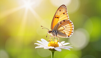 Fototapeta premium Delicate butterfly landing on flower in soft light, transformation theme, Stress Awareness Day